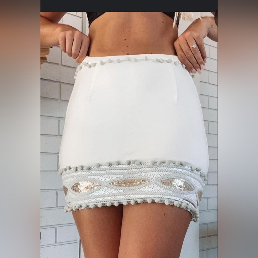 White Pom-Trim Mini Skirt with Sequin Accent